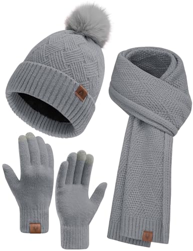 heekpek Mütze Schal Touchscreen Hhandschuhe Set für Damen Winter Frauen Geschenkset Beanie mit Bommel Fleece Gefütterte Warm Wintermütze 3 in 1 Set, Grau von heekpek