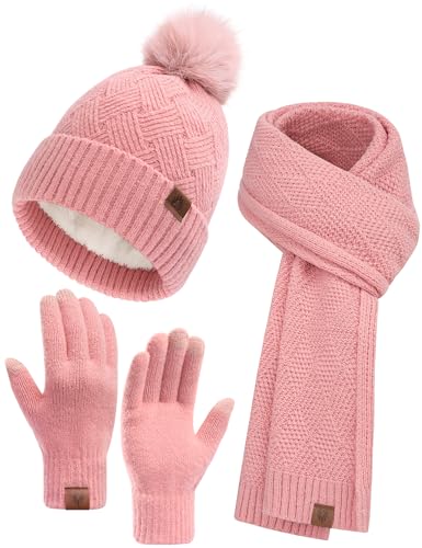 heekpek Mütze Schal Touchscreen Hhandschuhe Set für Damen Winter Frauen Geschenkset Beanie mit Bommel Fleece Gefütterte Warm Wintermütze 3 in 1 Set, Rosa von heekpek