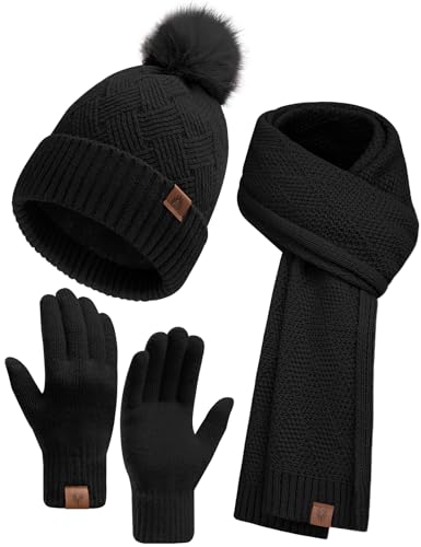 heekpek Mütze Schal Touchscreen Hhandschuhe Set für Damen Winter Frauen Geschenkset Beanie mit Bommel Fleece Gefütterte Warm Wintermütze 3 in 1 Set, Schwarz von heekpek