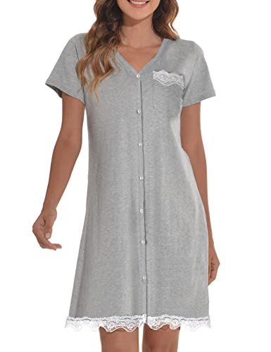 heekpek Nachthemd Damen Kurzarm Nachtwäsche Baumwoll V-Ausschnitt Bequeme Knopfleiste Sleepshirt Damen mit Spitze Saum Schwangerschaft Sleepshirt Loungewear, Grau, L von heekpek