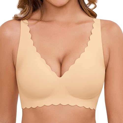 heekpek Nahtloser BH Damen Ohne Bügel Push Up Tiefem V-Ausschnitt Super Bequemer BH Weicher Bralette Sommer Atmungsaktiv Leicht T-Shirt Bra, Dunkle Beige, L von heekpek