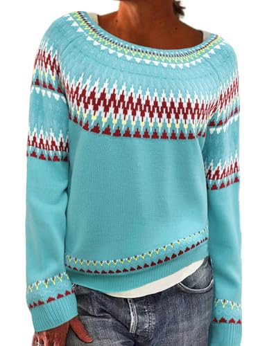 heekpek Norweger Pullover Damen Winter Herbst Rundhals Weihnachtspullover Lässig Lose Damenpullover Langarm Strickpullover Winterpullover Warm Oberteil Elegant Sweater, Blaue Faire Insel, L von heekpek