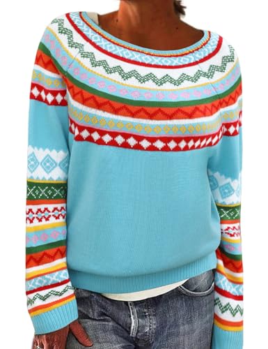 heekpek Norweger Pullover Damen Winter Herbst Rundhals Weihnachtspullover Lässig Lose Damenpullover Langarm Strickpullover Winterpullover Warm Oberteil Elegant Sweater, Bunte Faire Insel, XXL von heekpek