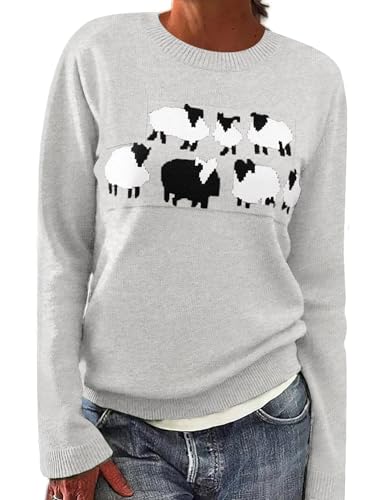 heekpek Norweger Pullover Damen Winter Herbst Rundhals Weihnachtspullover Lässig Lose Damenpullover Langarm Strickpullover Winterpullover Warm Oberteil Elegant Sweater, Graue Alpakas, XXL von heekpek