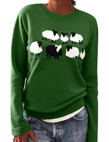 heekpek Norweger Pullover Damen Winter Herbst Rundhals Weihnachtspullover Lässig Lose Damenpullover Langarm Strickpullover Winterpullover Warm Oberteil Elegant Sweater, Grüne Alpakas, L von heekpek
