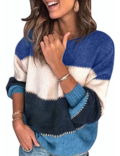 heekpek Pullover Damen Strickpullover Winter Color Block Streifen Damen Strickpullover Langarm Sweater Oversize Rundhals Pullover Damen Tops, Blau, L von heekpek