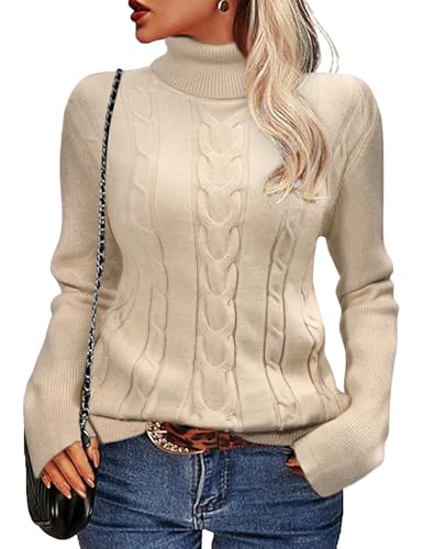 heekpek Pullover Damen Winter Rollkragenpullover Warm Elegant Strickpullover Schlanker Schnitt Winterpullover Grobstrick Weich Damenpullover Langarm, Beige, S von heekpek