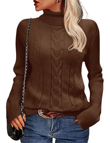 heekpek Pullover Damen Winter Rollkragenpullover Warm Elegant Strickpullover Schlanker Schnitt Winterpullover Grobstrick Weich Damenpullover Langarm, Kaffee, M von heekpek