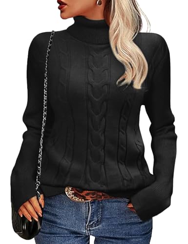 heekpek Pullover Damen Winter Rollkragenpullover Warm Elegant Strickpullover Schlanker Schnitt Winterpullover Grobstrick Weich Damenpullover Langarm, Schwarz, M von heekpek