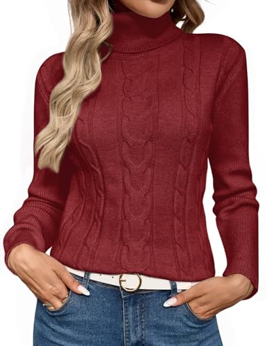 heekpek Pullover Damen Winter Rollkragenpullover Warm Elegant Strickpullover Schlanker Schnitt Winterpullover Grobstrick Weich Damenpullover Langarm, Weinrot, L von heekpek