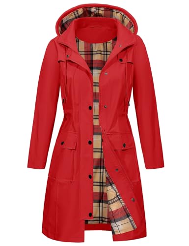 heekpek Regenjacke Damen Wasserdicht Übergangsjacke mit Kapuze Dünne Jacke Lange Regenmantel Atmungsaktiv Windbreaker Leicht Outdoorjacke Softshelljacke für Frühling Sommer Herbst, Rot, S von heekpek