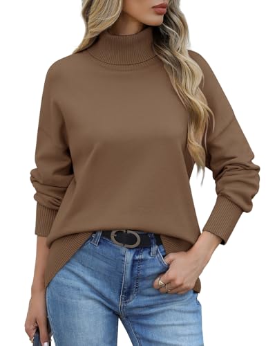 heekpek Rollkragenpullover Damen Pullover Winter Elegant Strickpullover Lockerer Winterpullover Warm Strickpulli Damenpullover Langarm, Braun, L von heekpek