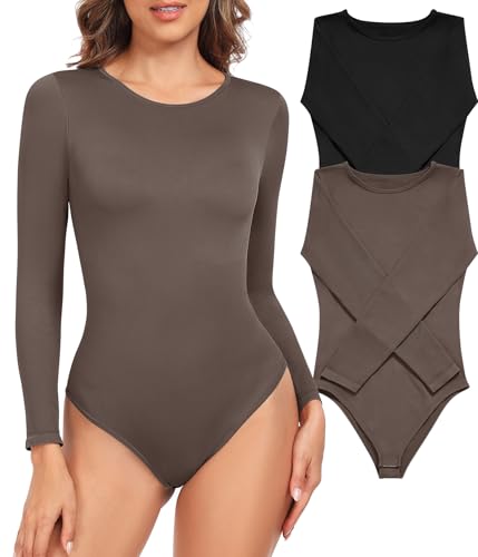 heekpek Shapewear Damen Body Langarm Rundhals Shaper Bauchweg Elegant Hoher Elastizität Gerippt Bodysuit Langarmbody Top Formende Bodys für Damen, Schwarz + Braun, L von heekpek