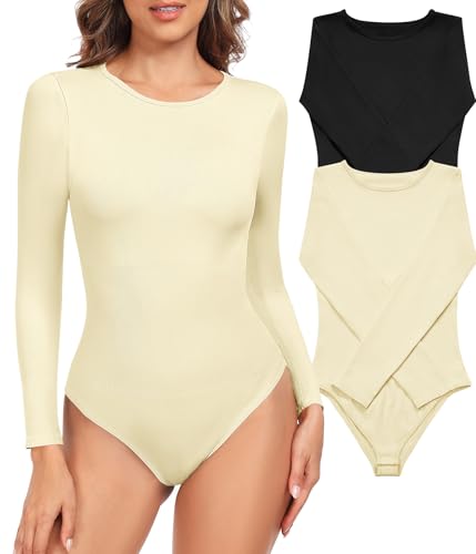 heekpek Shapewear Damen Body Langarm Rundhals Shaper Bauchweg Elegant Hoher Elastizität Gerippt Bodysuit Langarmbody Top Formende Bodys für Damen, Schwarz + Weiß, S von heekpek
