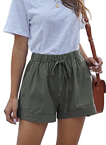 heekpek Short Damen Sommer High Waist Shorts Kurz Damen Casual Loose Shorts Damen Weitem Bein Kurze Hose mit Kordelzug Elastischem Bund, Grün, S von heekpek