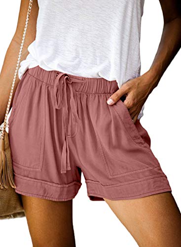 heekpek Short Damen Sommer High Waist Shorts Kurz Damen Casual Loose Shorts Damen Weitem Bein Kurze Hose mit Kordelzug Elastischem Bund, Rosa, S von heekpek