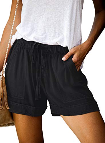 heekpek Short Damen Sommer High Waist Shorts Kurz Damen Casual Loose Shorts Damen Weitem Bein Kurze Hose mit Kordelzug Elastischem Bund, Schwarz, L von heekpek