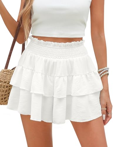 heekpek Shorts Damen Sommer High Waist Kurze Hose Sommer Musselin Sommerhose Damen Kurz Leicht A-Linie Rüschen Rock Shorts Baggy Blickdicht Strandshorts, Beige, XXL von heekpek