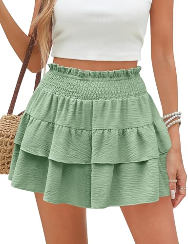 heekpek Shorts Damen Sommer High Waist Kurze Hose Sommer Musselin Sommerhose Damen Kurz Leicht A-Linie Rüschen Rock Shorts Baggy Blickdicht Strandshorts, Grün, L von heekpek