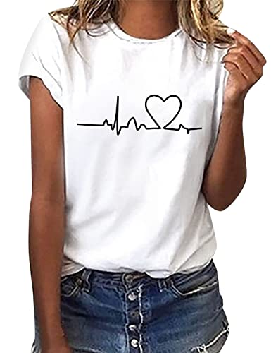 heekpek Sommer T-Shirt Damen Basic T Shirt Bedrucken Rundhalsausschnitt Weiß Oberteile Baumwolle Casual Damen Kurzarm Bluse Tops, EKG, S von heekpek