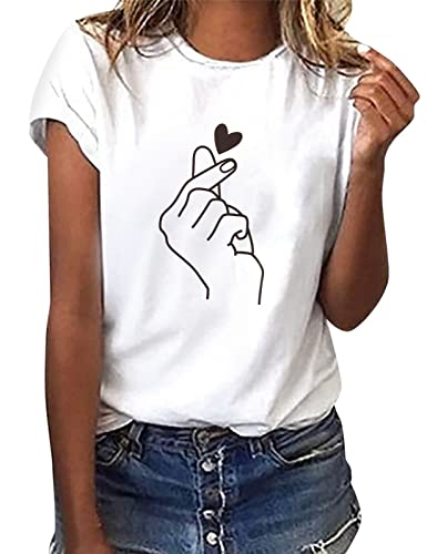 heekpek Sommer T-Shirt Damen Basic T Shirt Bedrucken Rundhalsausschnitt Weiß Oberteile Baumwolle Casual Damen Kurzarm Bluse Tops, Finger, S von heekpek