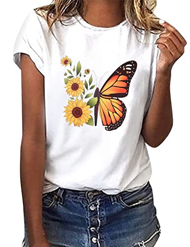 heekpek Sommer T-Shirt Damen Basic T Shirt Bedrucken Rundhalsausschnitt Weiß Oberteile Baumwolle Casual Damen Kurzarm Bluse Tops, Sonnenblume, XXL von heekpek