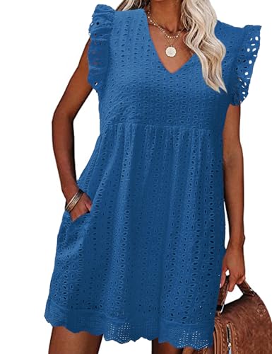 heekpek Sommerkleid Damen Kurz Baumwolle Kleider Sommer V-Ausschnitt Minikleid Leicht Luftige Sommerkleider Freizeitkleid Strandkleid mit Rüschen Ärmeln und Taschen, Blau, S von heekpek
