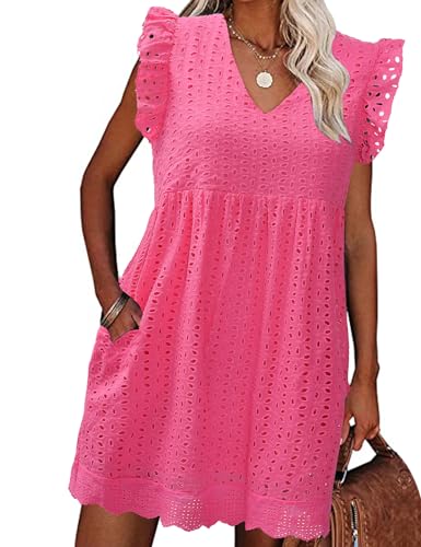 heekpek Sommerkleid Damen Kurz Baumwolle Kleider Sommer V-Ausschnitt Minikleid Leicht Luftige Sommerkleider Freizeitkleid Strandkleid mit Rüschen Ärmeln und Taschen, Heißes Rosa, L von heekpek