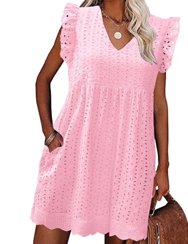 heekpek Sommerkleid Damen Kurz Baumwolle Kleider Sommer V-Ausschnitt Minikleid Leicht Luftige Sommerkleider Freizeitkleid Strandkleid mit Rüschen Ärmeln und Taschen, Hellrosa, S von heekpek