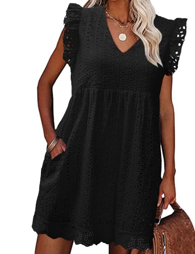 heekpek Sommerkleid Damen Kurz Baumwolle Kleider Sommer V-Ausschnitt Minikleid Leicht Luftige Sommerkleider Freizeitkleid Strandkleid mit Rüschen Ärmeln und Taschen, Schwarz, XL von heekpek