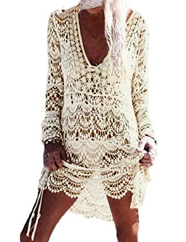 heekpek Strandkleid Damen Lang Elegant Damen Boho Rückenfrei Spitze Bikini Cover Up Strandkleid Sommerkleid (Beige) von heekpek