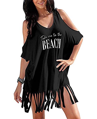 heekpek Strandkleid Damen Strandtunika Sommer Sommerkleid Bikini Cover Up Boho Strandrock V-Ausschnitt Strandponcho Quaste Einfarbiger Bademode,Schwarz von heekpek