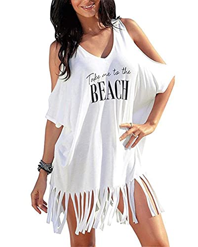 heekpek Strandkleid Damen Strandtunika Sommer Sommerkleid Bikini Cover Up Boho Strandrock V-Ausschnitt Strandponcho Quaste Einfarbiger Bademode,Weiß von heekpek