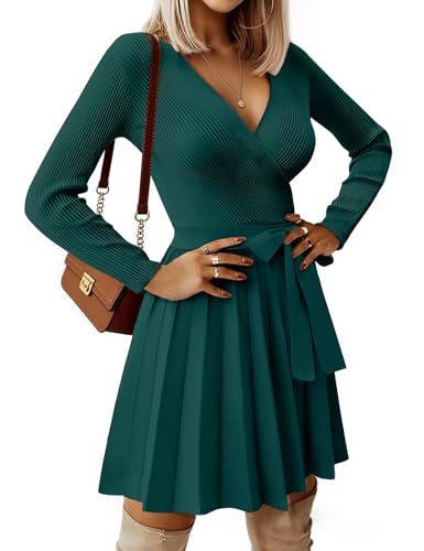 heekpek Strickkleid Damen Herbst Pulloverkleid Elegantes Kleid Damen Langarm V-Ausschnitt Winterkleider Warme Herbstkleider A Linien Minikleid mit Abnehmbarer Gürtel, Dunkelgrün, S von heekpek