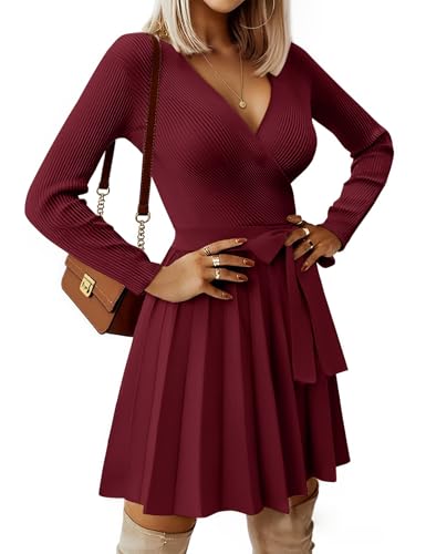 heekpek Strickkleid Damen Herbst Pulloverkleid Elegantes Kleid Damen Langarm V-Ausschnitt Winterkleider Warme Herbstkleider A Linien Minikleid mit Abnehmbarer Gürtel, Weinrot, M von heekpek