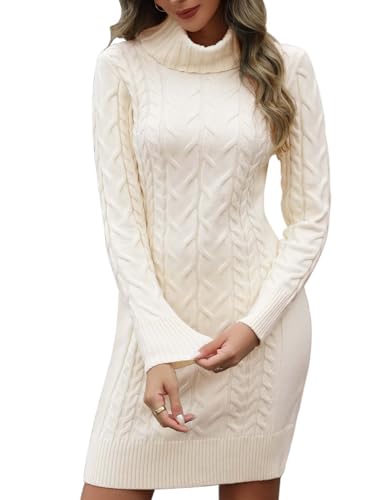 heekpek Strickkleid Damen Herbst Winter Rollkragen Pulloverkleid Langarm Strickkleider Elegant Bodycon Kleid Zopfmuster Warme Winterkleider, Beige, M von heekpek