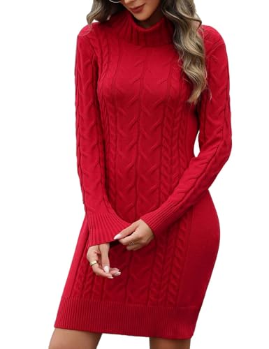 heekpek Strickkleid Damen Herbst Winter Rollkragen Pulloverkleid Langarm Strickkleider Elegant Bodycon Kleid Zopfmuster Warme Winterkleider, Burgund, L von heekpek