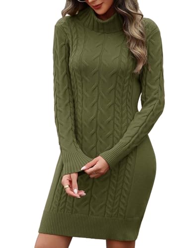 heekpek Strickkleid Damen Herbst Winter Rollkragen Pulloverkleid Langarm Strickkleider Elegant Bodycon Kleid Zopfmuster Warme Winterkleider, Grün, M von heekpek