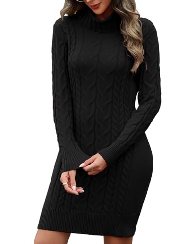 heekpek Strickkleid Damen Herbst Winter Rollkragen Pulloverkleid Langarm Strickkleider Elegant Bodycon Kleid Zopfmuster Warme Winterkleider, Schwarz, S von heekpek