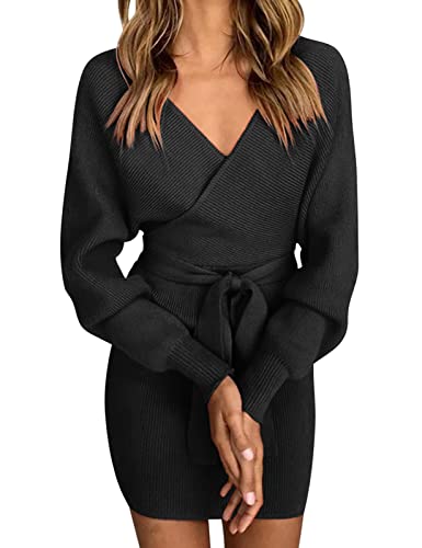 heekpek Strickkleid Damen Winter Minikleid Strick Sexy V-Ausschnitt Warm Langarm Minikleid Eng Strick Tunika Stretch Bequem Strickkleider Damen mit Gürtel, Schwarz, M von heekpek