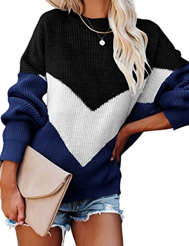 heekpek Strickpullover Damen Elegant Pullover Damen Rundhals V-förmig Nähte Streifen Basic Sweater Casual Loose Knit Sweater Herbst und Winter Pullover für Damen, Blau, S von heekpek