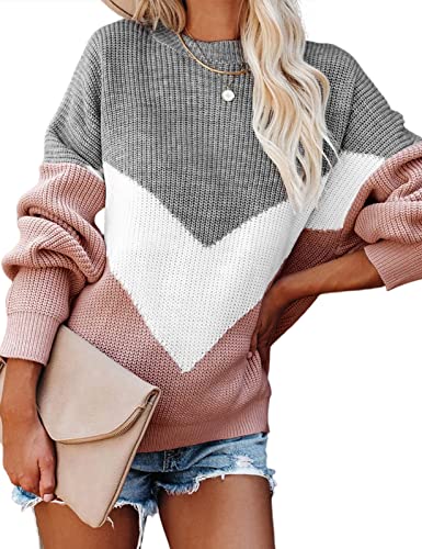 heekpek Strickpullover Damen Elegant Pullover Damen Rundhals V-förmig Nähte Streifen Basic Sweater Casual Loose Knit Sweater Herbst und Winter Pullover für Damen, Grau, M von heekpek