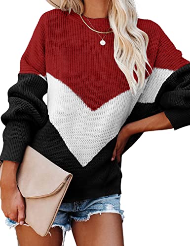 heekpek Strickpullover Damen Elegant Pullover Damen Rundhals V-förmig Nähte Streifen Basic Sweater Casual Loose Knit Sweater Herbst und Winter Pullover für Damen, Rotwein, XL von heekpek