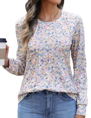 heekpek T-Shirt Damen Langarm Blumendruck Langarmshirt Rundhals Tunika Basic Tshirt Tops Damen Elegant Casual Oberteile, Rosa Blumen, XXL von heekpek