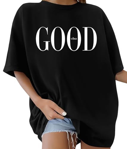 heekpek T Shirt Damen Oversize Sommer Baumwolle Tshirt Rundhals Locker Lächeln Drucke Kurzarm T-Shirt Übergroße Casual Basic Top, G-Schwarz, S von heekpek