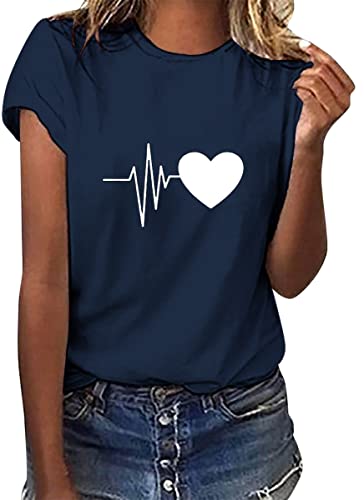 heekpek T- Shirt Damen Sommer Shirt Damen Kurzarm Lockeres Lässiges Hemd Tops Bluse Sommer Bedrucktes Rundhals-T-Shirt, Navy blau, L von heekpek