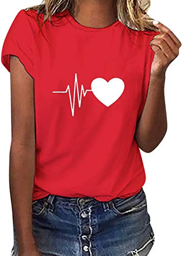 heekpek T- Shirt Damen Sommer Shirt Damen Kurzarm Lockeres Lässiges Hemd Tops Bluse Sommer Bedrucktes Rundhals-T-Shirt von heekpek