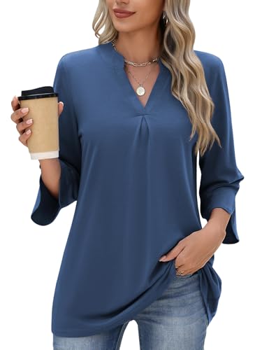 heekpek T-Shirt Damen V-Ausschnitt 3/4 Ärmel Tunika Damen Bluse Langarm Oberteile Lässige Elegant Langarmshirt Tops, Dunkelblau, XXL von heekpek