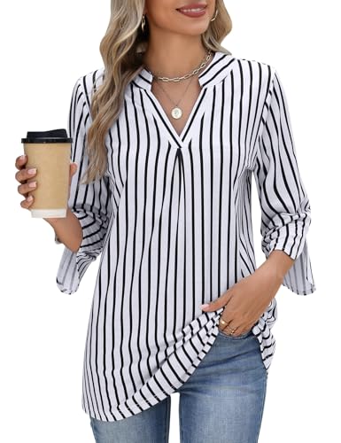 heekpek T-Shirt Damen V-Ausschnitt 3/4 Ärmel Tunika Damen Bluse Langarm Oberteile Lässige Elegant Langarmshirt Tops, Schwarz Weiß Gestreifte, L von heekpek