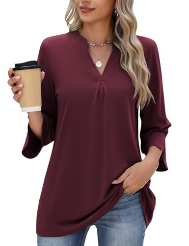 heekpek T-Shirt Damen V-Ausschnitt 3/4 Ärmel Tunika Damen Bluse Langarm Oberteile Lässige Elegant Langarmshirt Tops, Weinrot, L von heekpek